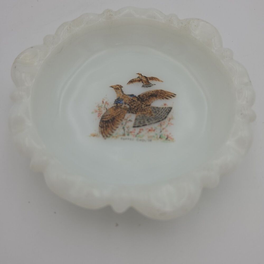 Vintage Milk Glass Ruffed Grouse Ashtray Scalloped Hunting Bird Trinket Dish
